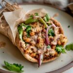 Pita wrap on a plate filled with chickpeas, cauliflower, pickled onions, lettuce and chipotle sauce.