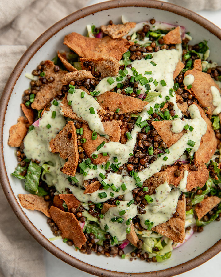 Crispy Lentil Salad with Cilantro Chive Dressing
