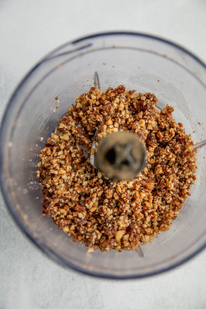 Date pecan crumble after blending in a food processor.