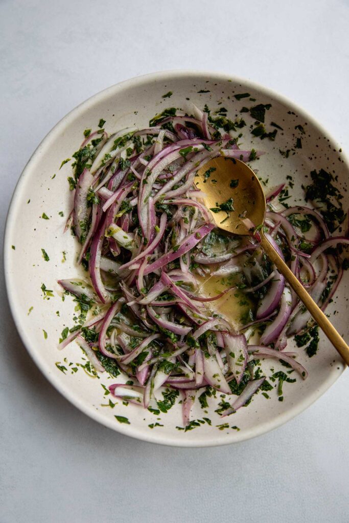 Pickled herby onions.