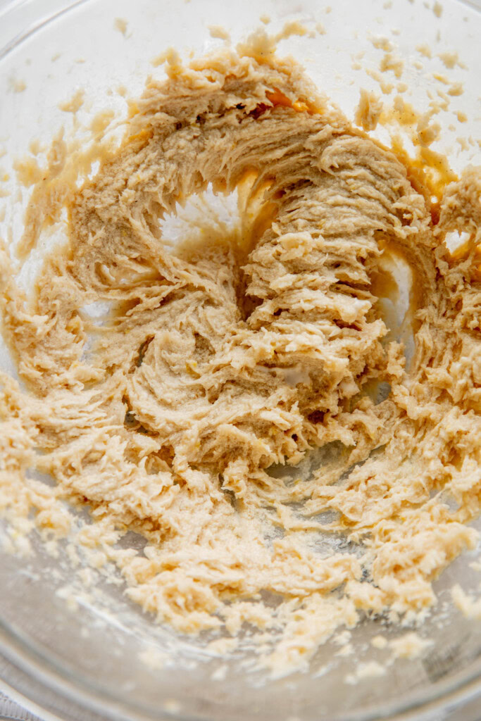The creamed sugar and butter mixed with the yogurt and vanilla.
