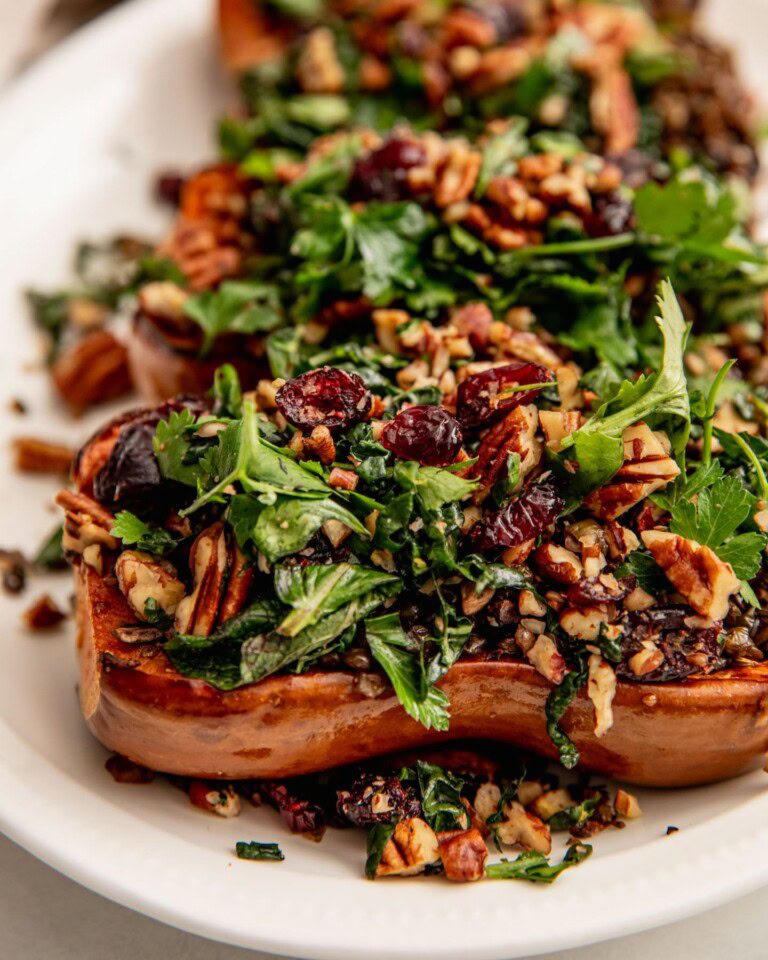 Herby Lentil Mushroom Stuffed Honeynut Squash